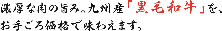 濃厚な肉の旨み。九州産「黒毛和牛」を、
お手ごろ価格で味わえます。